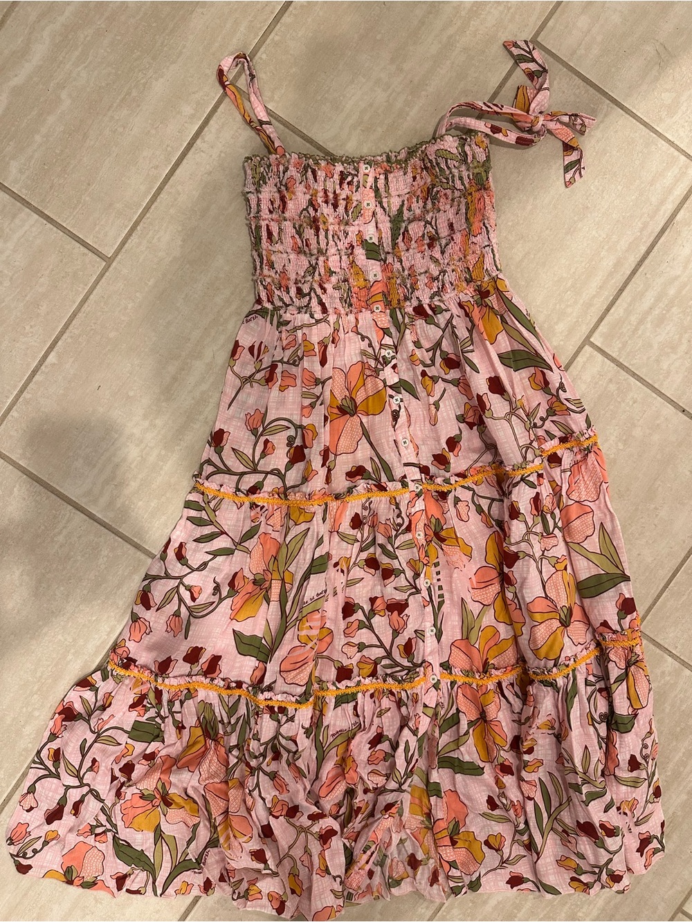 Poupette St. Barth Pink Floral Tiered Dress with Tie Straps
